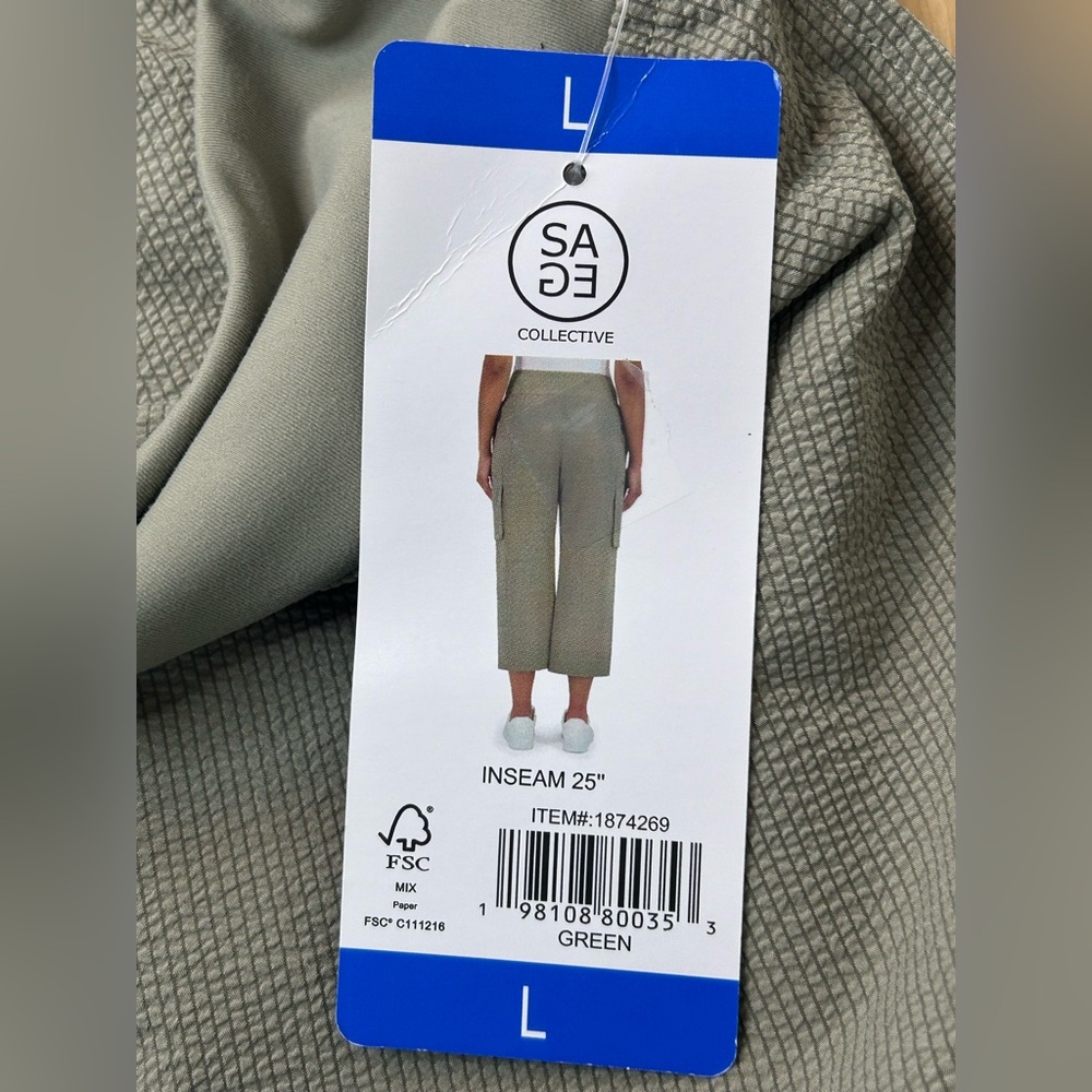 Sage Collective Olive Green Cargo Crop Pants Large Pull On Stretch Travel - Picture 4 of 9